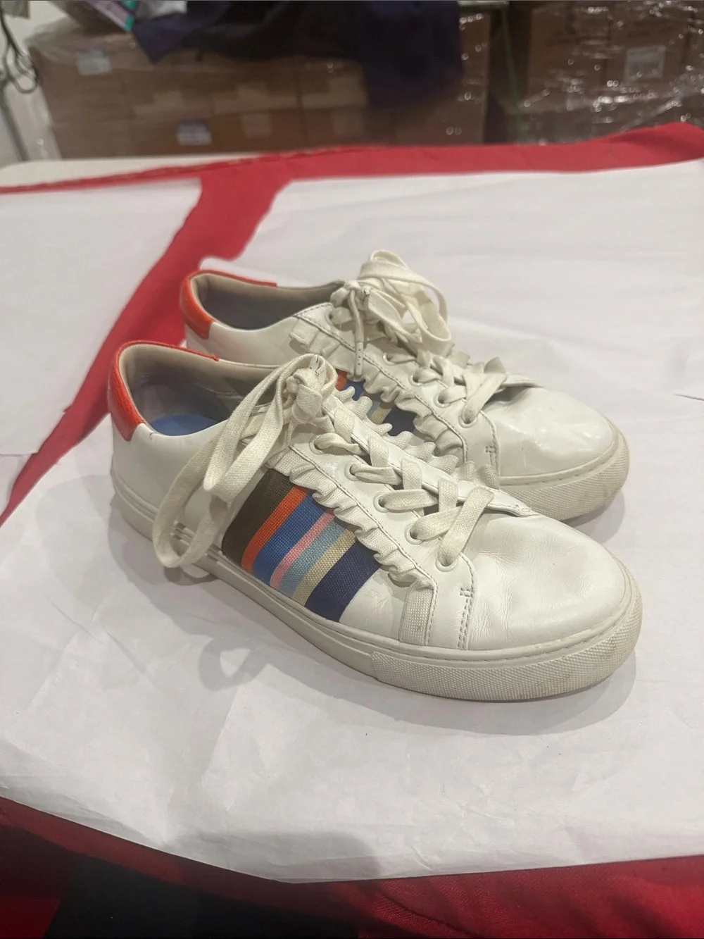 Tory Burch White Leather Sneakers with Multicolor Side Stripes